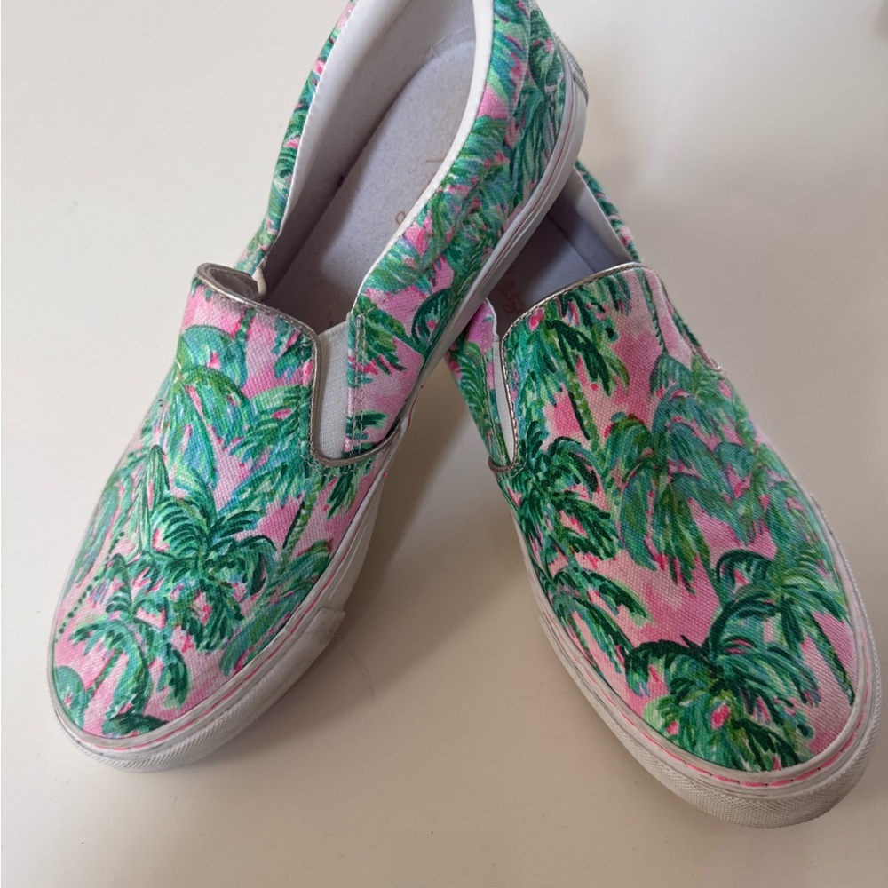 Lilly Pulitzer Pink and Green Palm Sneakers.